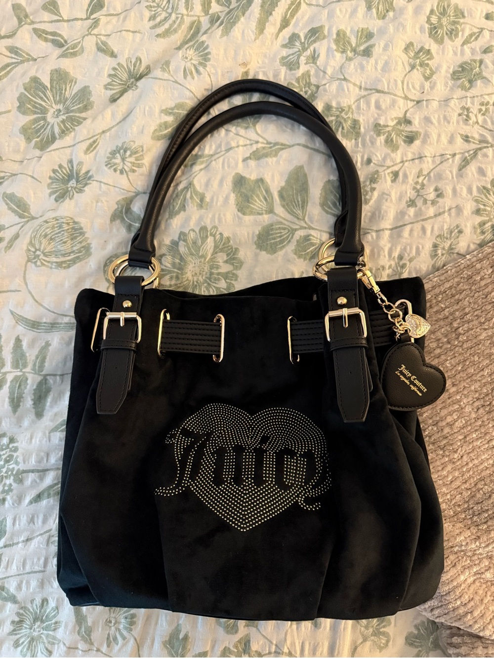 Juicy Couture Black Suede Rhinestone Heart Tote with Charm